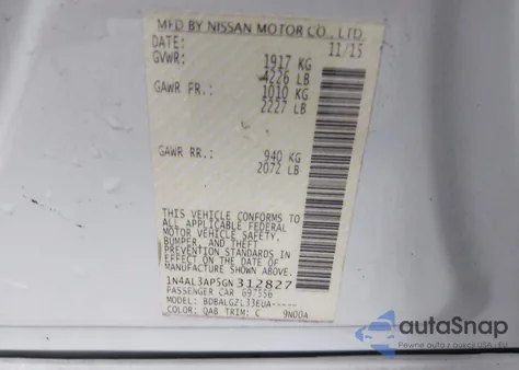 2016 Nissan Altima 2.5/2.5 S/2.5 Sl/2.5 Sr/2.5 Sv z USA, uszkodzony, nr VIN 1N4AL3AP5GN312827